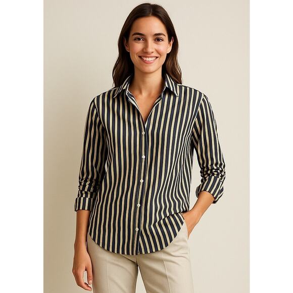 Frank & Eileen Silvio Untuckable Button-Up Shirt Womens S Navy & Yellow Stripes - Picture 1 of 10